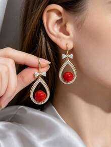 1 Pair Of Fashionable Personalities Bowknot Faux Pearl Earrings Suitable For Women's Daily Commuting ﻿ - Red - View 1