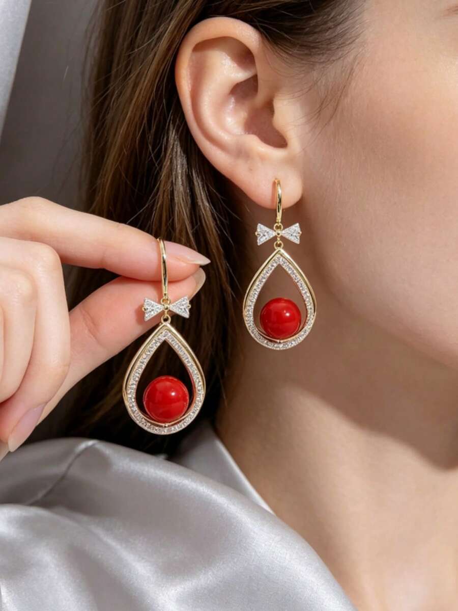 1 Pair Of Fashionable Personalities Bowknot Faux Pearl Earrings Suitable For Women's Daily Commuting ﻿ - Red - View 1