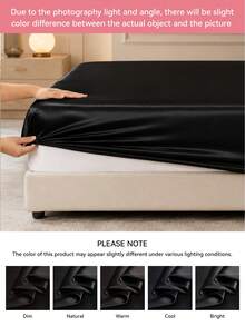 1pc Solid Color Satin Fitted Sheet, Silky Soft Skin-Friendly Breathable Bedding, Elastic Deep Pocket Fitted Sheet, Machine Washable Easy Care, Suitable For Twin/Full/Queen/King Bed, Bedroom Decor - Black - View 10