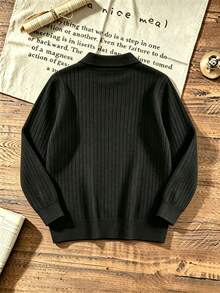 Tween Boys Ribbed Polo Neck Knit Sweater, Solid Long Sleeve Casual Pullover - Black - View 4
