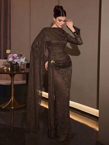 Solessence 優雅迷人女款棕色蕾絲長版正式禮服，抓皺胸部設計，長袖圓領，編織面料，適合婚禮派對秋季 - 咖啡棕 - 查看 4