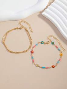 2pcs/Set Daisy Colorful Flower Elegant Minimalist High-End Ankle Bracelet Set For Beach Wear - Multicolor - View 5