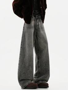 Hearty Haven 1 potong Celana Jeans Denim Pria Model Longgar Gaya Vintage Retro Washed Wide Leg Serbaguna (Tanpa Sabuk dan Aksesoris) - Grey - View 4