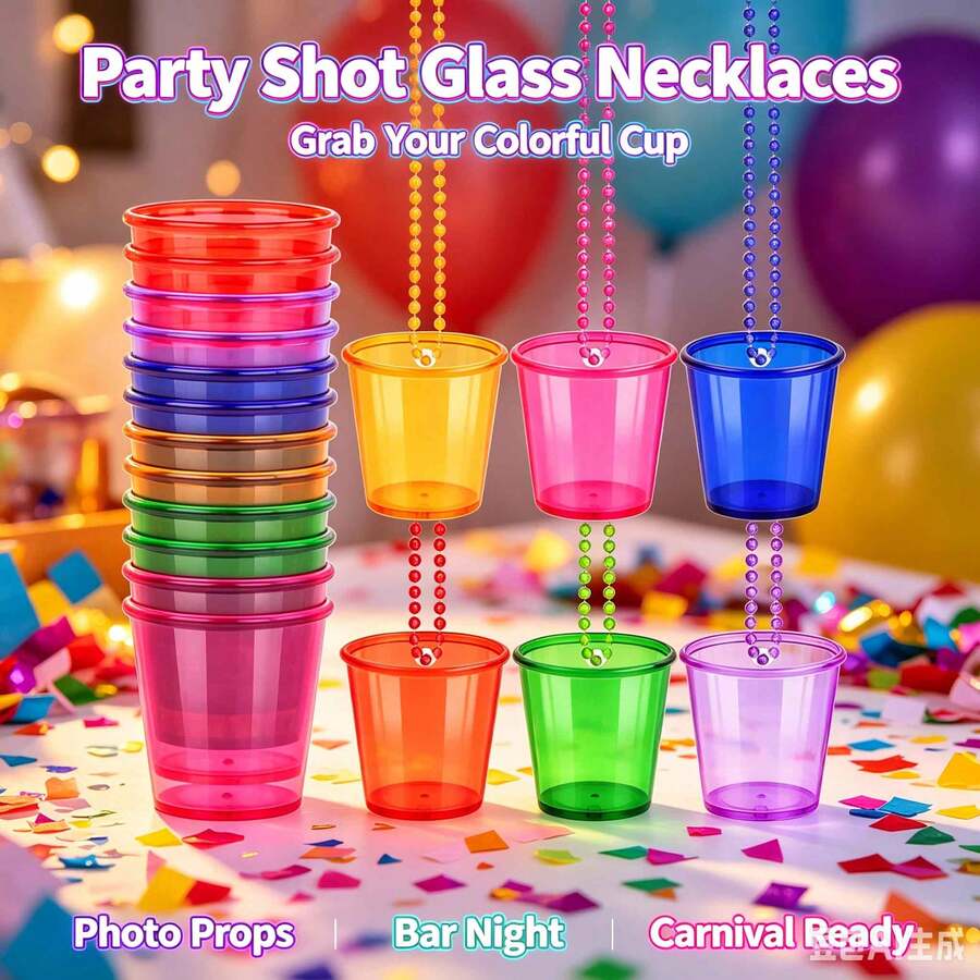 1-6pcs/Set Beaded Chain Decorated Plastic Shot Glass Necklace, Suitable For Birthday, Wedding, Christmas Party, 6 Colors - Multicolor - View 1