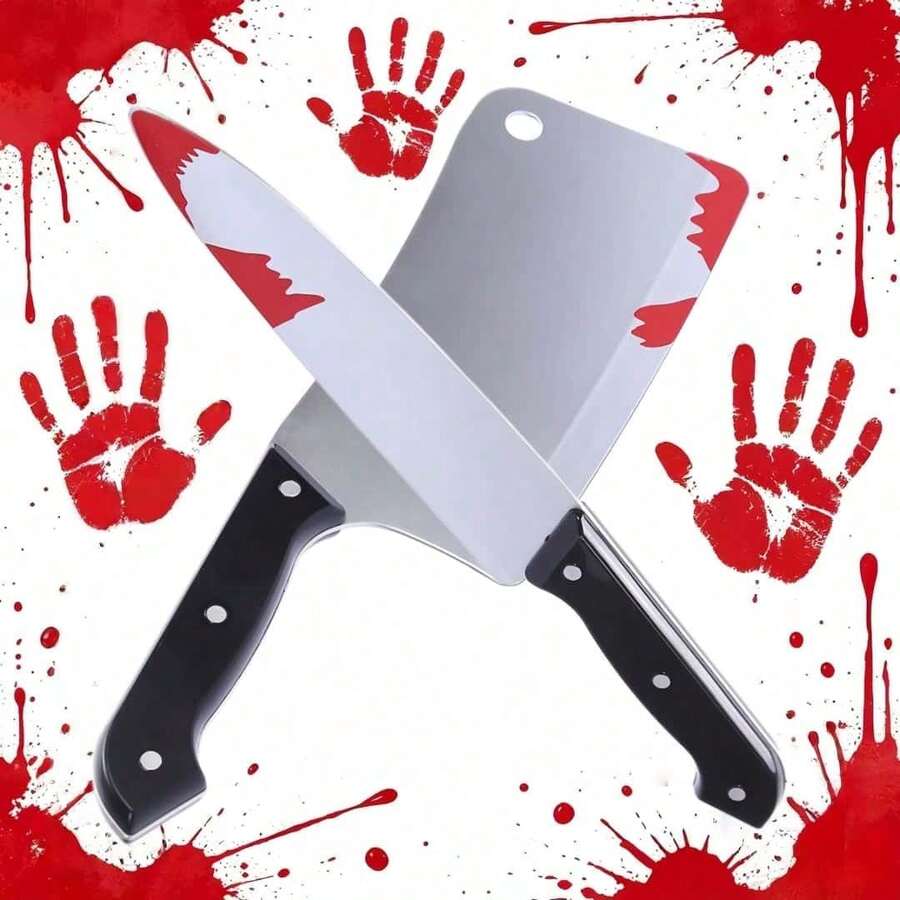 Halloween Horror Cosplay Prop Plastic Fake Knife Set, Bloody Horror Weapon Style Costume Party Accessories, Suitable For Haunted House And Dark Gothic Scene Decoration - Fake Knife Props - View 1