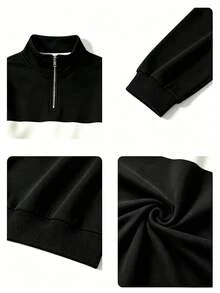 Boys Color Block Half Zip Stand Collar Sweatshirt, Casual Long Sleeve Pullover For Fall Winter Kids Sports Tops - Black - View 5