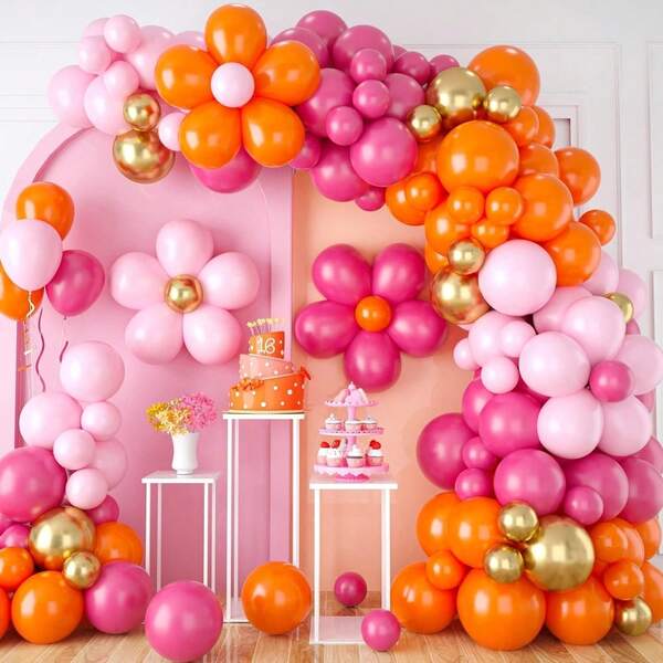 118pcs Pink Orange Balloon Garland, Daisy Balloon Arch With Metallic Gold Party Flower Balloons For Birthday Babyshower Wedding Groovy Theme Decorations
