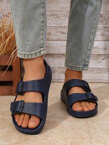 Men's Couple Minimalist Solid Color EVA One-Piece Molded Lightweight Double-Strap Comfortable Flat Bottom Buckle Breathable Slide Sandals, Plus Size For Home, Outdoor, Beach - Blue - View 2