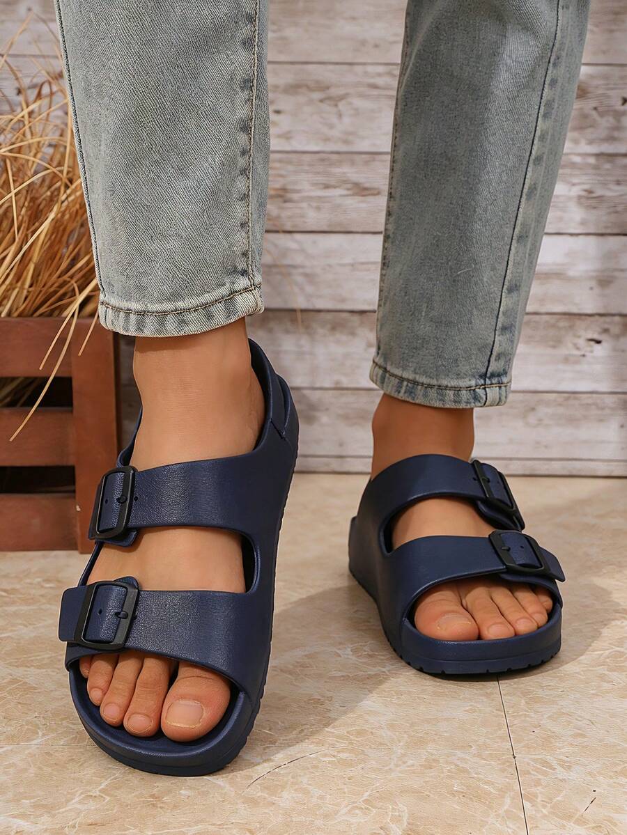 Men's Couple Minimalist Solid Color EVA One-Piece Molded Lightweight Double-Strap Comfortable Flat Bottom Buckle Breathable Slide Sandals, Plus Size For Home, Outdoor, Beach
