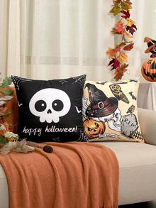 1pc Black Halloween Skull Print Pillowcase, Holiday Decorative Square Cushion Cover, Cute Cartoon Skull Bat Spider Web Pattern Design, Suitable For Autumn Festival Party Occasions Decorative Cushion Cover, Indoor Window Sill Patio Party Seasonal Decoration, No Filling Included - Multicolor - View 7