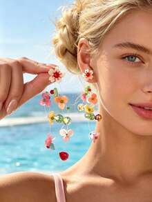 1 par de pendientes elegantes y dulces con borlas florales de colores, adecuados para vacaciones y viajes de mujeres - vistoso - Ver 4