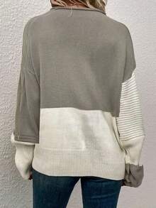 Long Sleeve Colorblock Casual Minimalist Pullover Sweater - White - View 3