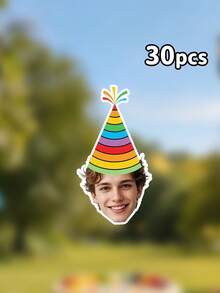 10/20/30PCS Custom Photo Rainbow Striped Party Hat Birthday Garland, Personalized Two Style Funny Party Hat Banner, Photograph Backdrop,Funny Rainbow Theme Birthday Party Decor,Keepsake Gift - Multicolor - View 9