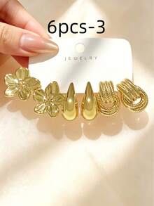 6/18pcs Elegant Women's Earring Set, Fashionable Charming Design, Floral Teardrop Twisted C-Shape And More Styles Multi-Piece Combination, Minimalist Gold Thick Earring Jewelry Accessories Suitable For Daily Wear - Gold - View 5