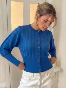 Women's Autumn/Winter Ribbed Knit Solid Color Batwing Sleeve Cardigan, Batwing Sleeve Knit Cardigan, Batwing Sleeve Top, Autumn Fall - Royal Blue - View 10