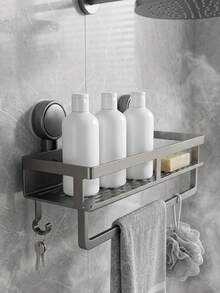 1pc Suction Cup Storage Rack, No-Drill Bathroom Storage Shelf, Aluminum Shower Caddy - Wall-Mounted Space-Saving Organizer, Can Hold Shampoo, Conditioner And Bath Products - Shelf - View 7