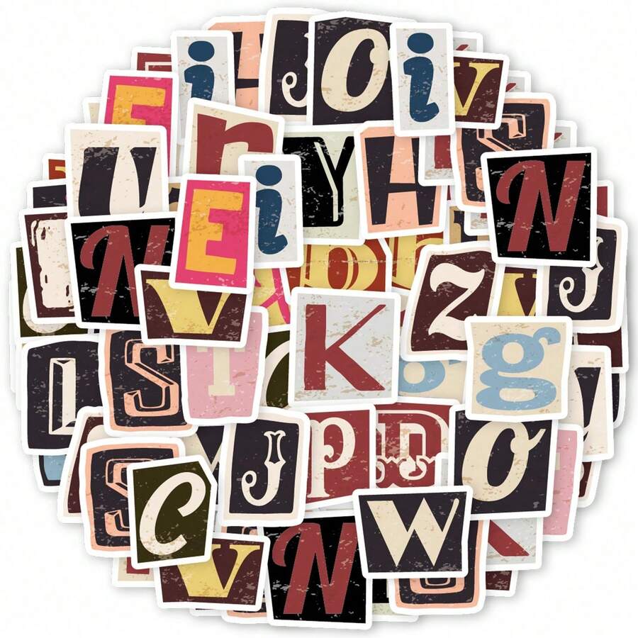 1 Set (52pcs) Aesthetic Vintage English Letter Square Stickers - Perfect For DIY Scrapbooking, Notebook Stickers, Luggage, Guitar & Diary | Creative Stationery & Holiday Gift Ideas - Random - View 1
