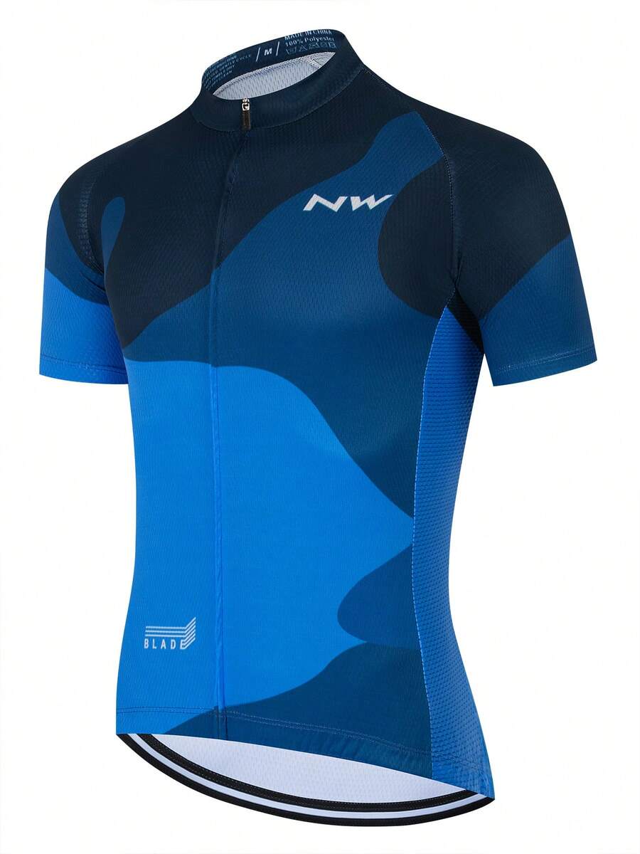 Men's New Outdoor Cycling Jersey, Spring/Summer Breathable Quick-Dry Short Sleeve Cycling Top, Slim Fit Thin Upper With 3 Back Pockets - Universal Version, Suitable For Cycling, Off-Road, Motorcycle Touring, Training - Blue - View 1
