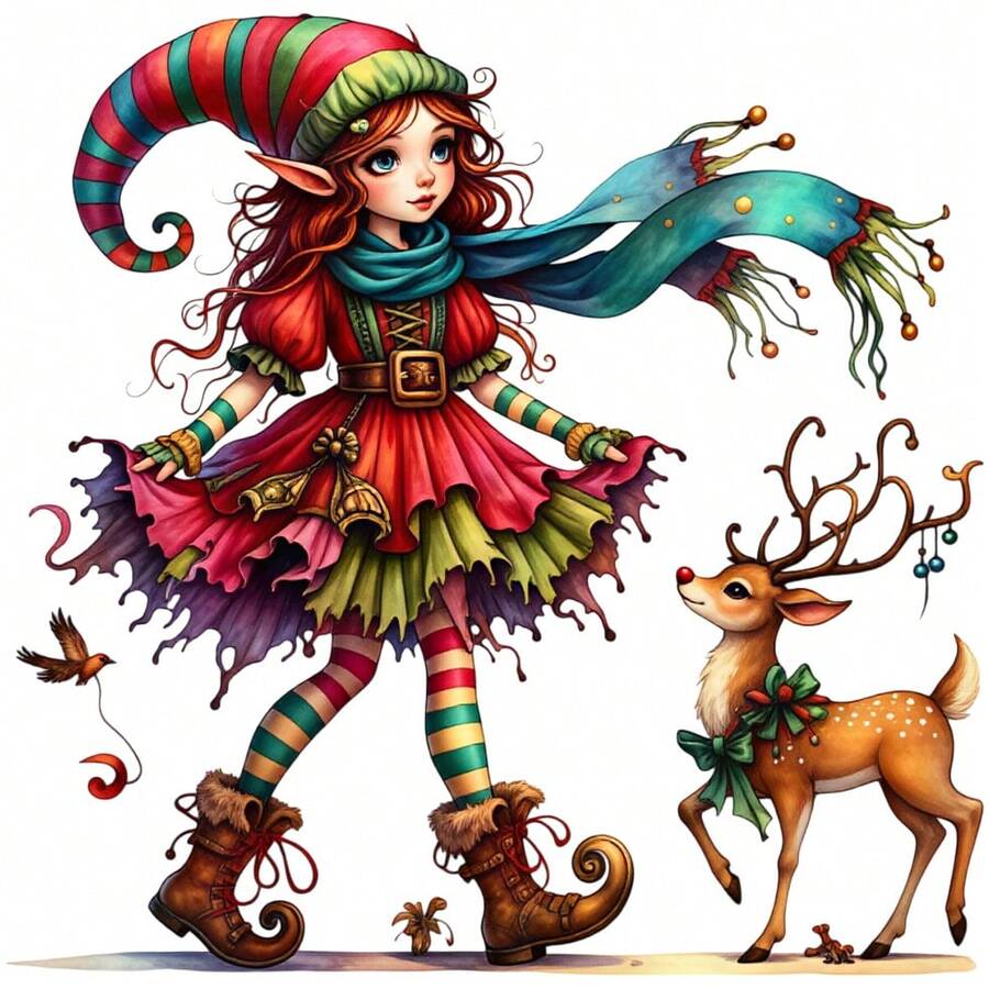 1/2/3pcs Watercolor Christmas Elf Girl Heat Transfer Sticker, Rainbow Striped Pointed Hat, Red-Green Gradient Christmas Dress, Colorful Striped Long Socks With Rolled Edge Boots, Paired With Tassel Long Scarf, Hanging Reindeer, Little Bird, Vintage Fairy Tale Style Christmas DIY Print, Suitable For T-Shirts, Sweatshirts, Canvas Bags - Multicolor - View 1