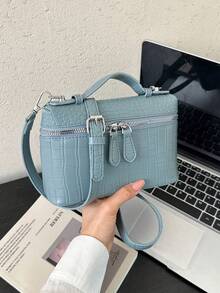 Dedoo 鱷魚紋迷你方盒斜挎包 女款 PU 皮革小手提包 附頂部手柄 可調節肩帶 便攜化妝收納包 日常旅行用 - 淺藍色 - 查看 4