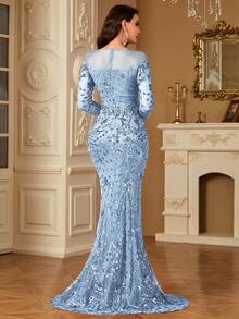 hezixi High-Quality Elastic Sequin Evening Gown, Featuring Sheer Round Neck Design, Slim Fit, Mermaid Hem, Unique Design Wedding Party - 藍色 - 查看 6
