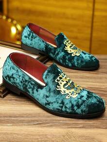 QRLQRL 1 Pair Men's Low Heel Round Toe Low-Top Slip-On PU Velvet Fabric Embroidered Comfortable Fit Casual Loafers - Green - View 3
