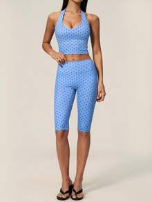 TimeOff Women's One Set Polka Dot Halter V-Neck Backless Tank Top & Bermuda Shorts Sports Set - Baby Blue - View 8