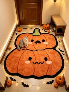 1 Stück Orangefarbener Halloween Kürbis gestapelter Kunstteppich, Halloween Fußmatte, Dekorativer Teppich, Bodenmatte, Heimdekoration, Teppich, Lässige Decke, Asymmetrisch geformter Teppich, Wohnzimmer Großer Teppich, Waschbarer Teppich - Verschiedenfarbig - Übersicht 2