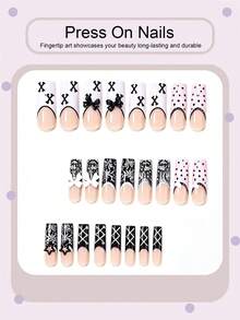 升級你的造型！Y2K風格復古哥德暗黑風黑色蕾絲飾邊圖案淺粉色波點設計穿戴甲，時尚可愛3D蝴蝶結愛心星星金屬珠圖案黑白對比十字卷軸設計波點美甲，適合女性與女孩。包含1片黏貼貼紙與1條迷你薄條，凝膠款式，隨機發貨 - 彩色 - 查看 3