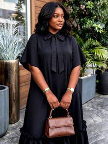 AOMEI Women Plus Size Black Loose Long Dress, Bow Collar With Ruffle Hem, African Minimalist Solid Color, Casual Church Style - Black - View 4