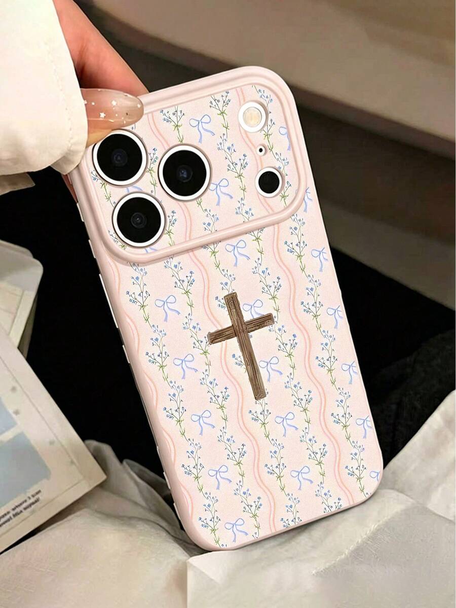 WeiMi 1pc Minimalist Pink Bow & Cross Pattern Fashion Cute Side Heart Anti-Drop Premium Soft TPU Phone Case, Suitable For Friends, Family, Couples, Yourself Birthday Gift, Holiday Gift, Compatible With IPhone 17/16/15/14/13/12/11/X/XR/XS MAX/For Galaxy A56/55/A03S Series - Multicolor - View 1