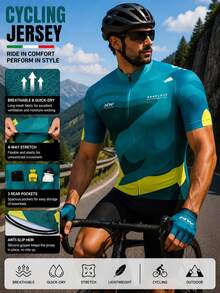 Outdoor Sports Spring/Summer New Print Short Sleeve Cycling Jersey, Breathable Quick-Dry Road & Mountain Bike Men's Slim Fit Cycling Apparel Sports Top With 3 Back Pockets - Universal Version, Suitable For Cycling, Off-Road, Motorcycle Touring, Training Wear - Yellow - View 3