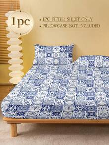 1pc Blue & White Bohemian Exquisite Pattern Fitted Sheet, Mattress Protector, Mattress Cover, Fitted Sheet, Soft & Breathable, -Twin, Full, Queen, King, Deep Pocket Design Up To 11.8 Inches, Machine Washable. Back To School Season, Dorm Essentials - Blue and White - View 2