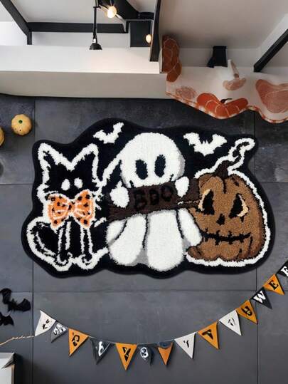 1pc New Pumpkin Ghost Cat Halloween Doormat - Soft, Plush Floral Pattern, Gold Border, Decorative Rug, Bedroom Decor, Small Rug, Carpet, Home Decor, Living Room Rug, Living Room Small Rug, Bedroom Rug, Living Room Home Decor, Outdoor Rug, Washable Rug