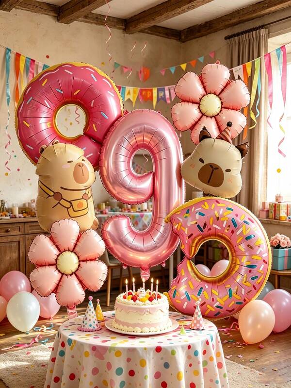Donut And Capybara Digital Balloon Set, Includes Pink Number Balloons, Donut Balloons, Capybara Balloons, Daisy Balloons, Suitable For Birthday Party Decoration, Cute Soft Style Theme Party And Other Occasions