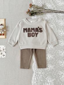 2Pcs/Set Baby Boy Towel Embroidered Round Neck Sweatshirt & Casual Long Pants Set, Spring/Autumn Baby Boy Clothing - Apricot - View 5
