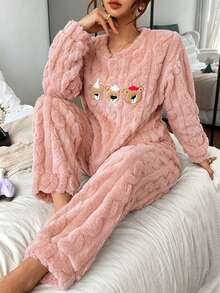 Dreamivo 2pcs/Set Women's Winter Cute Bear Pattern Embroidered Thick Long Sleeve Long Pants Fleece Pajama Set - Coral Pink - View 5