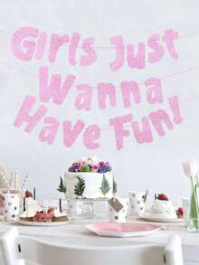 A "Just Wanna Have Fun" Neon Pink Glitter Banner, Bridal Party Hanging Banner Bachelorette Party Backdrop Decor Bridal Shower Favors, Birthday Party Supplies Sleepover Party Decorations Paper Hanging Decorations Festival Party Supplies Photo Props - Multicolor - View 5