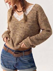 Autumn Business Casual Long Sleeve Knit Top, Brown Floral Grey Lace V-Neck Waffle Knit Loose Soft Knit Shirt, Daily Layering Basic Fall - Mocha Brown - View 6