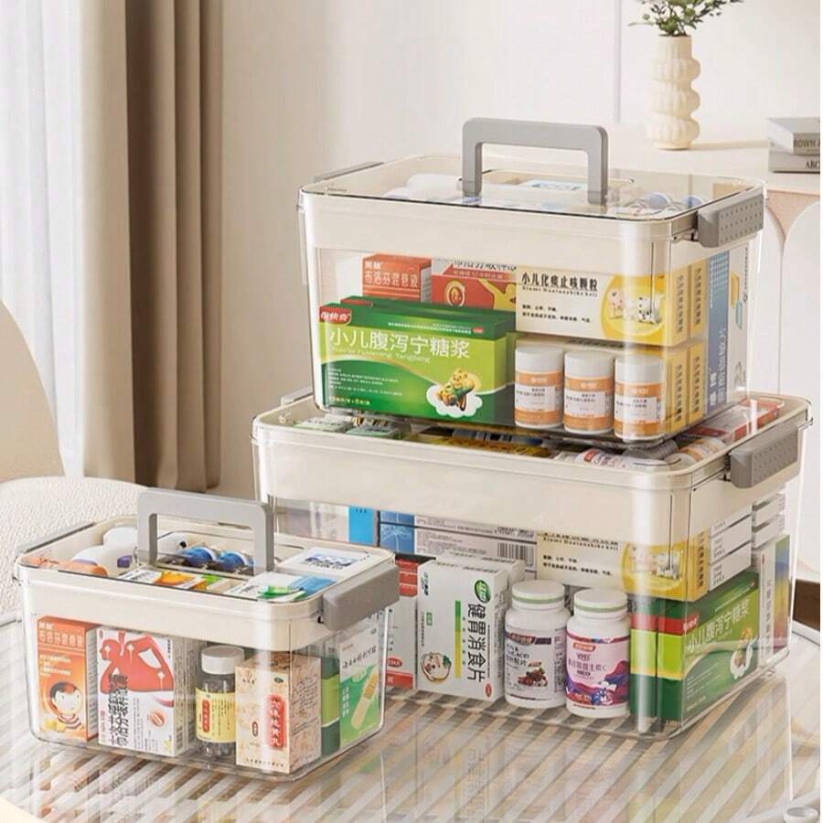 Transparent Double-Layer Medicine Storage Box With Snap Closure, Durable Plastic Material, Dust-Proof Multi-Function Storage Box For Home First Aid - Multicolor - View 1