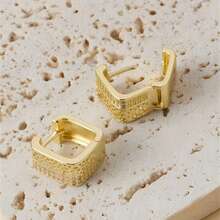 1 Pair Gold-Plated Double-Sided Earrings, Honeycomb Mesh & Double-Row Cubic Zirconia Square Clip-On Earrings, Elegant Daily Party Women's Jewelry - White - View 3
