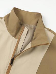 Men's Cargo Style Style Colorblock Stand Collar Jacket, Khaki Contrast Cuffed Sleeve Casual Versatile Spring/Autumn Jacket - Khaki - View 5