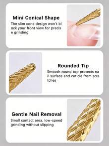 1pc Tungsten Steel Nail Drill Bit, Tapered Cone Tip, Suitable For Half-Well Tip Leveling And Gel Nail Polish Removal, Universal 2.35mm - Gold - View 3
