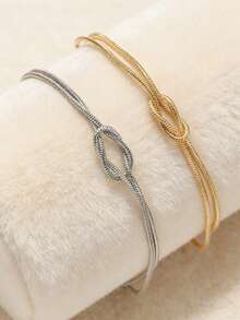 1/2pcs Couple Knot Bracelet Set, Stainless Steel Minimalist Thin Chain, Matching Couple Jewelry, Boyfriend Girlfriend Couples Valentine's Day Gift - Sl041 - View 3