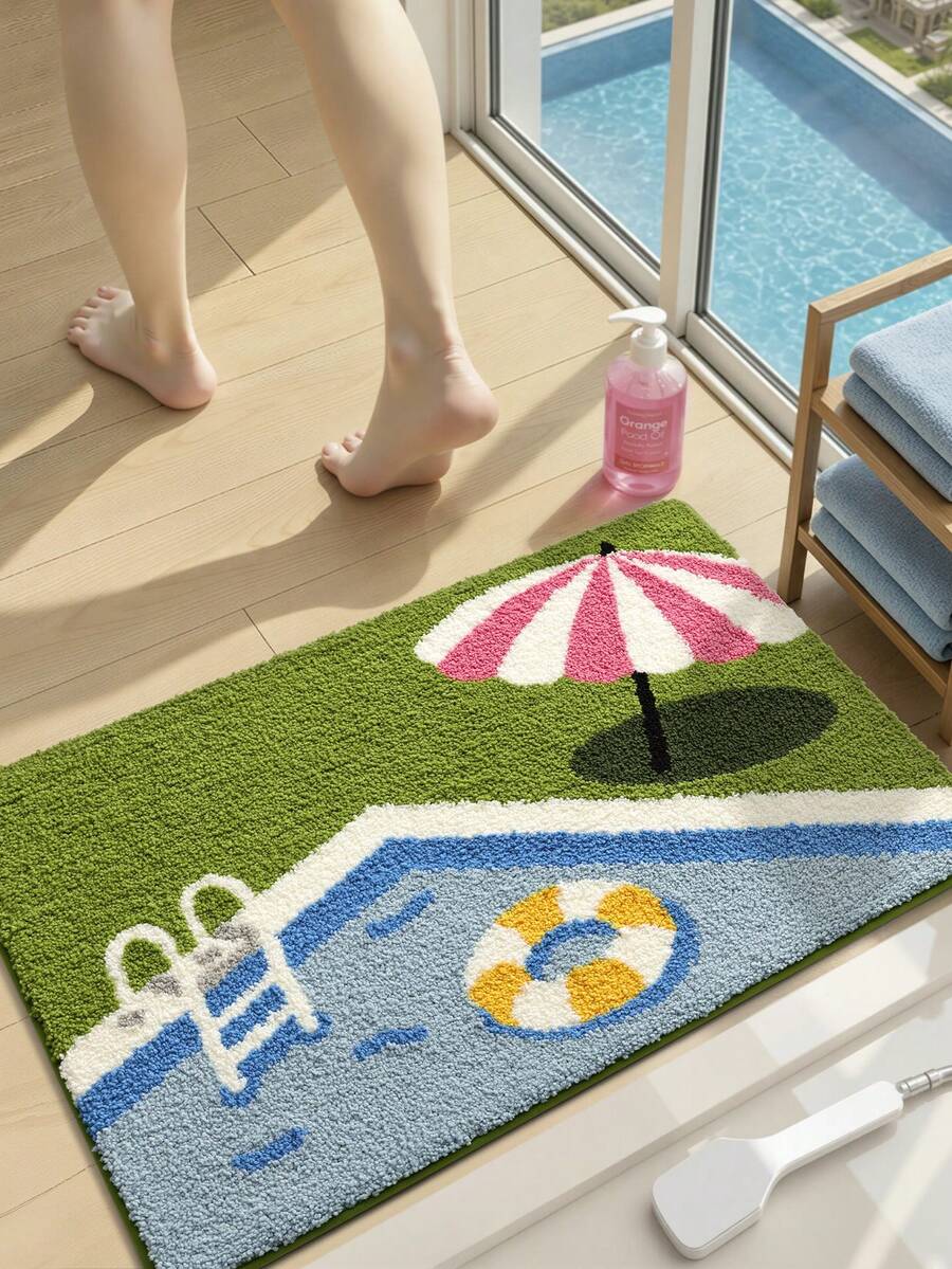 1pc Bathroom Rug Mat, Flocked Flocked Comfortable Foot Feel, Summer Pool Beach Bath Mat, TPR Non-Slip Back, Kitchen Outdoor Indoor Hallway Bedroom Living Room Bedside Decorative Carpet, Machine Washable Easy To Clean