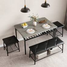 Juego de Comedor para 4 Personas – Mesa Rectangular con Banco, 2 Sillas Tapizadas y Espacio de Almacenamiento, Estructura Madera+Metal – Para Cocina Pequeña o Desayunador (Set 4 pz) - Gris - Ver 1