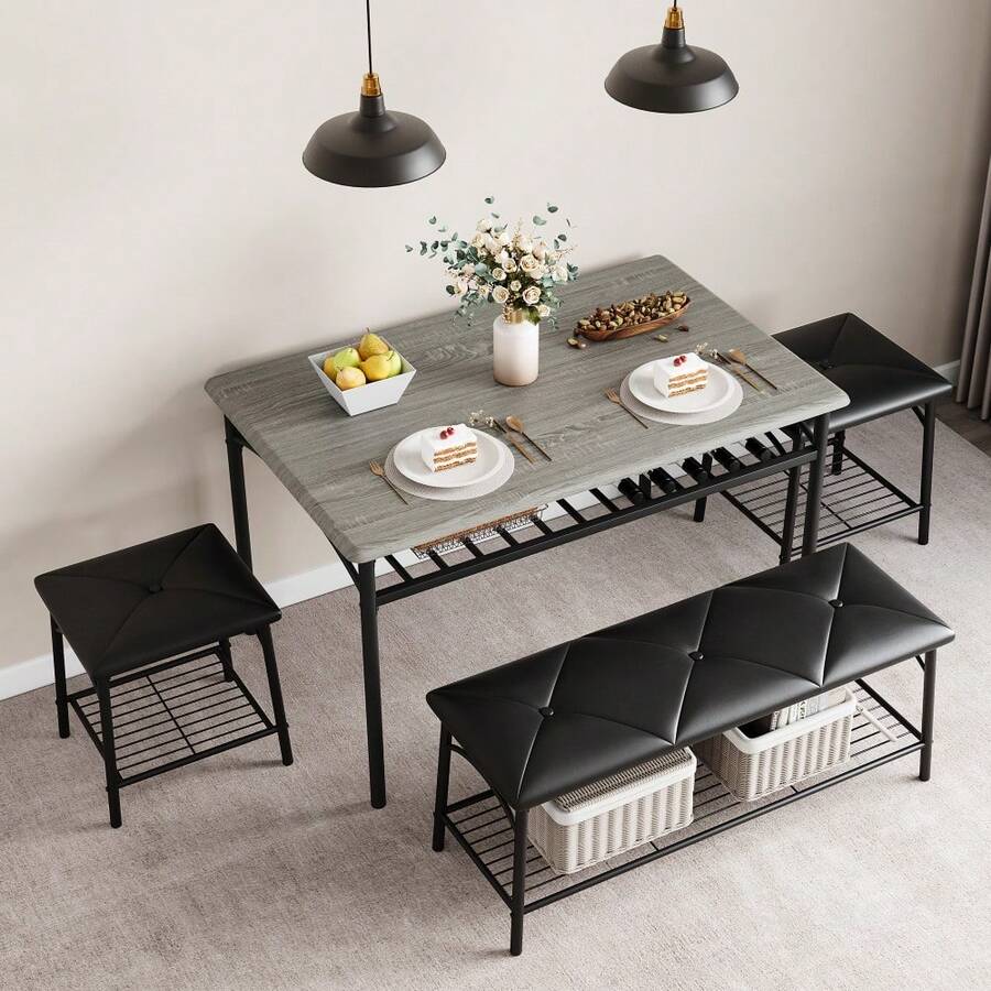 Juego de Comedor para 4 Personas – Mesa Rectangular con Banco, 2 Sillas Tapizadas y Espacio de Almacenamiento, Estructura Madera+Metal – Para Cocina Pequeña o Desayunador (Set 4 pz) - Gris - Ver 1