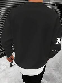 男士極簡自由主題英文印花運動衫 基本款高街休閒長袖上衣 - 黑色 - 查看 2