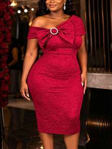 AOMEI Damen Große Größen elegantes Vintage rotes Jacquard Midi-Kleid mit einer Schulter und Schleife, figurbetontes Bodycon-Kleid für Geburtstagsparty, Hochzeit und Jahrestage - Rot - Übersicht 8