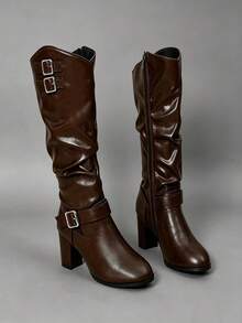 Women's Brown Round Toe Chunky High Heel Fashion Tall Boots, Solid Color Western Style With Buckle, Suitable For Vacation, Office, Autumn/Winter - Rust Brown - View 4